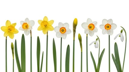 Daffodils and Snowdrops Border Spring Flowers on White Background