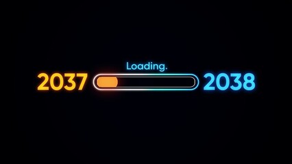 Loading bar from 2037 to 2038 with neon colors on black background progress
