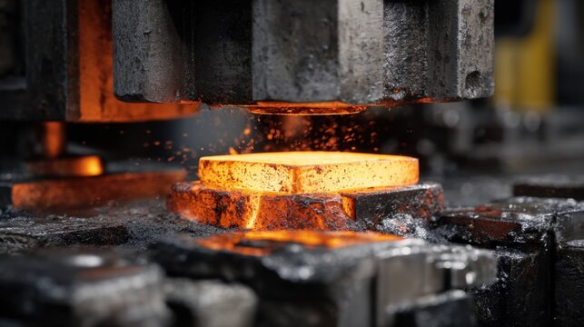 Hot metal being forged by industrial machinery with sparks flying Manufacturing process in a factory