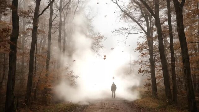 A lone individual walks purposefully along a secluded dirt path, venturing deeper into a mystical, fog-laden forest. The scene is enveloped in a thick, billowing cloud of bright white smoke or mist th