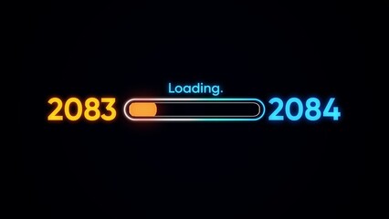 Neon loading bar from 2083 to 2084 on black background progress orange