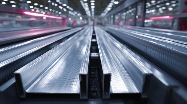 Close up view of parallel metal conveyor tracks extending into a brightly lit factory