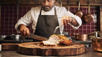 Chef In Action Expertly Carving Delicious Roasted Meat In Restaurant Kitchen Setting Footage