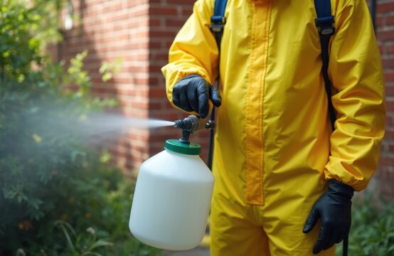 Person in yellow hazmat suit sprays garden plants with liquid. Black gloves and mask protect worker from chemical exposure. Outdoor pest control service.