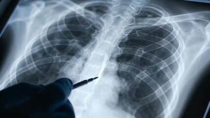 4K Video: Chest x-ray scan analyzed by doctor pointing with pen - Powered by Adobe