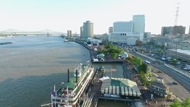 New Orleans Cityscape, Louisiana. Mississippi River Steamboat Natchez City Skyline in Background