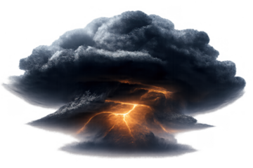 Supercell storm cloud generating powerful lightning, creating a dramatic electrical discharge on transparent background