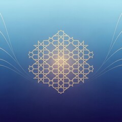 Islamic geometric pattern on a gradient blue background with subtle light effects, symbolizing intricate design and cultural heritage