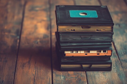 A stack of old VHS tapes resting on a wooden surface