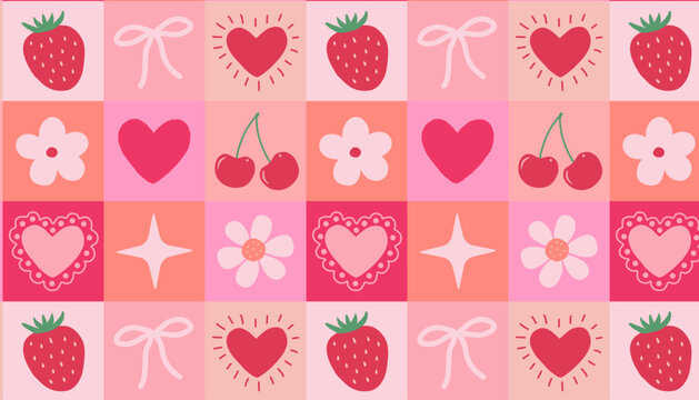 Cute seamless vector pattern showcases strawberries, cherries, hearts, bows, flowers, stars on pastel pink checkered grid. Perfect for Valentine's Day prints, kawaii stationery, girly fabrics, gift 