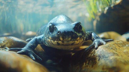 A Wet Salamander Resting Near Stream Rocks