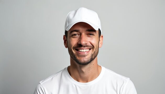 Smiling man wearing white t-shirt and baseball cap isolated on grey background. Young guy with beard looks happy and confident. Pro portrait for work or business.