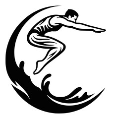 A black and white vector-style graphic depicts a male diver arching over a stylized wave