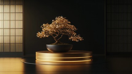 Golden bonsai in a modern Japanese-style room