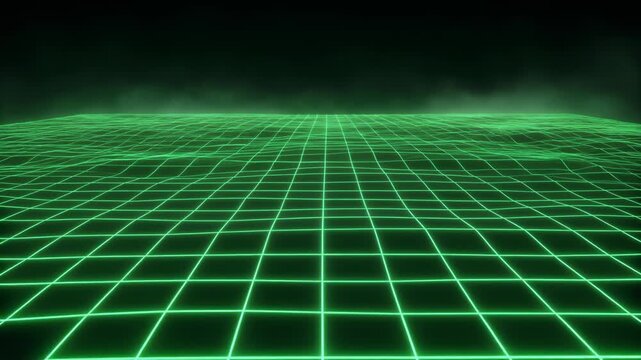 A grid of green neon lines on a dark background viewed from a low angle