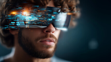 Defocused person experiencing immersive virtual reality headset, digital glitch effect overlay, futuristic entertainment technology, augmented reality gaming, pixelated distortion 