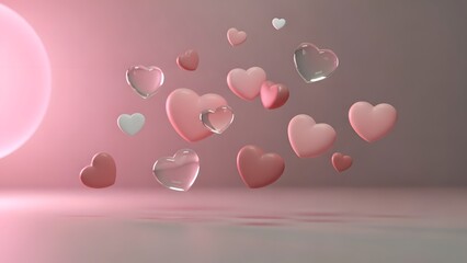 Floating 3d hearts in shades of pink and clear glass, symbolizing love and romance against a soft pink gradient background