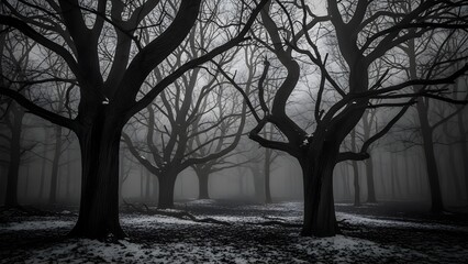 Eerie gnarled trees stand shrouded in a dark, foggy winter forest.