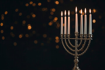 Hanukkah menorah with glowing candles and golden bokeh lights