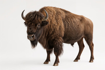 Majestic Indian bison with curved horns standing on white background
