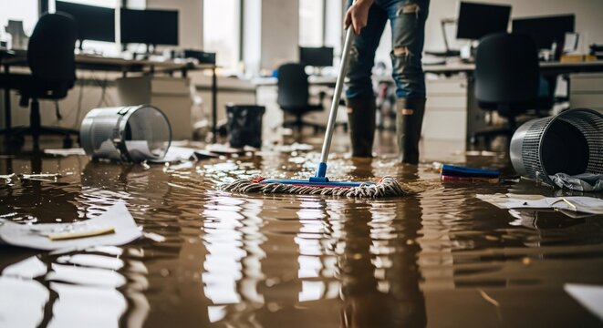 Office Flooding Due to Water Leak with Debris and Displaced Furniture Causing Disruption in Work Environment