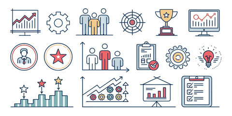 Business management and strategy icons set for growth, team, and success