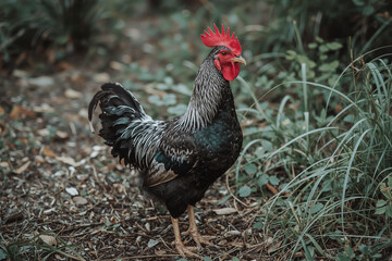 Wild capercaillie perched among dense woodland vegetation