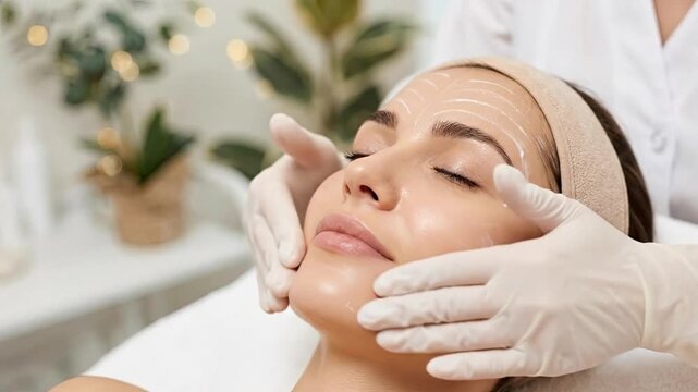 A person with closed eyes receives a professional facial treatment from a skilled practitioner wearing white gloves. Cream or a mask is meticulously applied to the face, forming intricate patterns on 