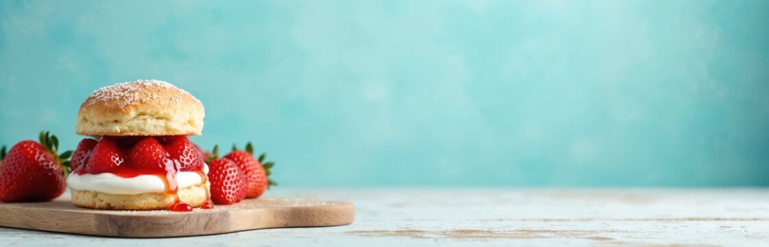 Fresh strawberry shortcake with cream and jam sits on wood board. Sweet dessert has ripe berries and biscuit. Delicious pastry looks tasty against blue background. - Powered by Adobe