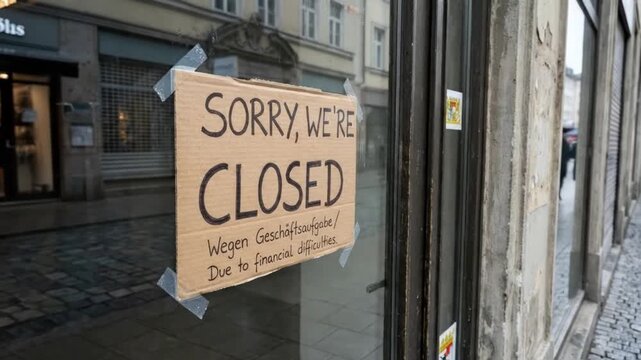 A poignant close-up captures a handmade 'Sorry, We're Closed' sign crafted from cardboard, affixed with tape to the glass entrance of a city storefront. The sign's message further elaborates on its cl