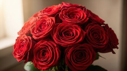 Obraz premium A lush bouquet of deep red roses in soft natural light. A romantic gift for Valentine's Day, an anniversary, or a special celebration