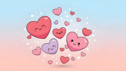 Cute kawaii hearts characters floating in a sparkling gradient sky for valentines day or love concept