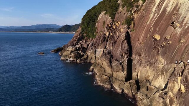 Aerial View of Onigajo Cliffs and Coastal Walkway in Kumano, Japan