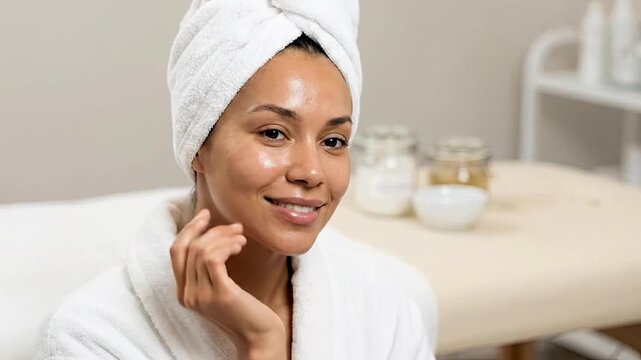 A radiant woman, wrapped in a plush white bathrobe with her hair neatly tied in a soft towel, gently touches her smooth, glowing face. Her serene smile conveys a sense of well-being, freshness, and sa