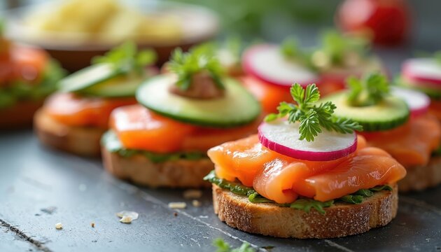 Several small open faced sandwiches with salmon avocado and radish on toasted bread slices. Fresh green herbs are on top of the tasty meal. Appetizer snack on dark table surface.