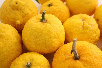yellow ripe yuzu fruits on a table