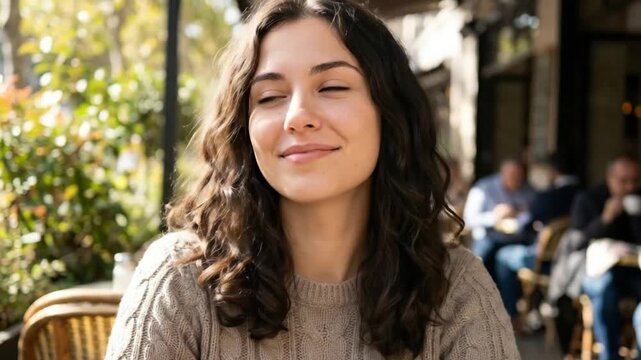 A radiant young woman with beautiful long, wavy brown hair enjoys a peaceful moment outdoors, gently smiling with her eyes closed as sunlight softly illuminates her face. Dressed in a cozy knitted swe