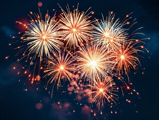 Bright and colorful fireworks exploding in a dark night sky, creating a dazzling display of light and sparks. Perfect for celebrations, holidays, and festive events.