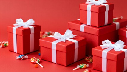 Fototapeta premium Red gift boxes with white ribbons and lollipops