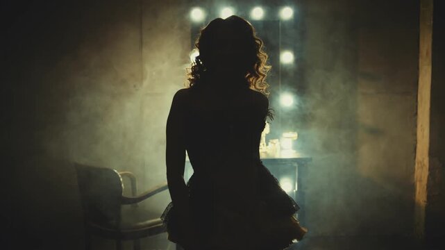 shadow silhouette retro lady walking in dark black room fool smoke mirror with lamps, sexy woman burlesque old style actres go to stage. dancer flapper happy smiling girl 20s roaring twenties dress