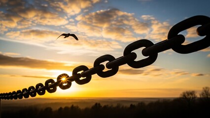 Silhouette of a broken chain link with a bird flying at sunset creating a dramatic and inspiring scene symbolizing freedom and breaking free from constraints in nature and life