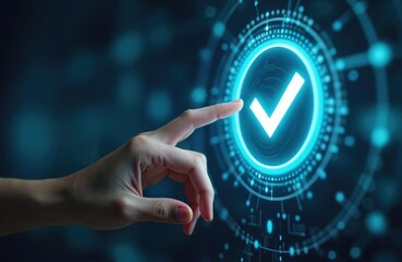 Hand points to glowing digital check mark. Symbol of verification and approval in futuristic interface. Confirms task completion, quality control, successful option choice.