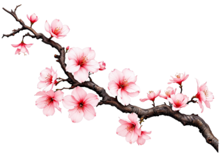 Elegant Cherry Blossom Branch with Delicate Pink Flowers, Isolated on a Dark Background, Perfect for Spring-Themed Designs and Graphics