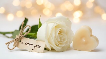 white rose and heart shaped candle with i love you tag on white background with bokeh lights
