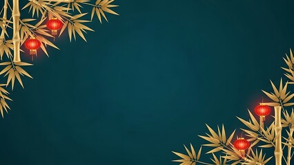 Golden bamboo branches and red lanterns on teal background for design