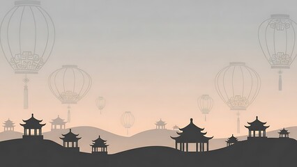 Silhouette of pagodas and lanterns against a gradient sky backdrop