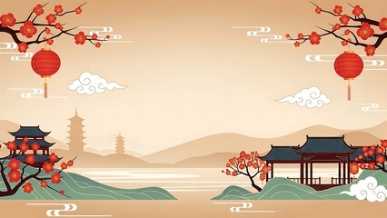 Traditional chinese landscape scene with lanterns and flowering branches design