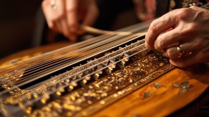 Hands playing a historical zither; intricate design in the background