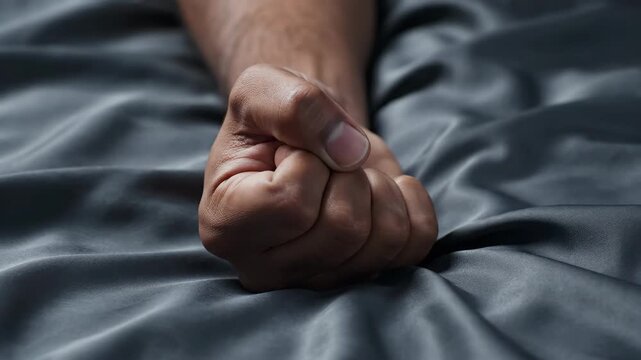 4K Video: Clenched Fist Squeezing Dark Fabric