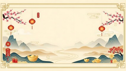 Traditional oriental landscape with lanterns and blossoms for celebration